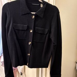 T Tahari lady jacket cardigan black buttons collar